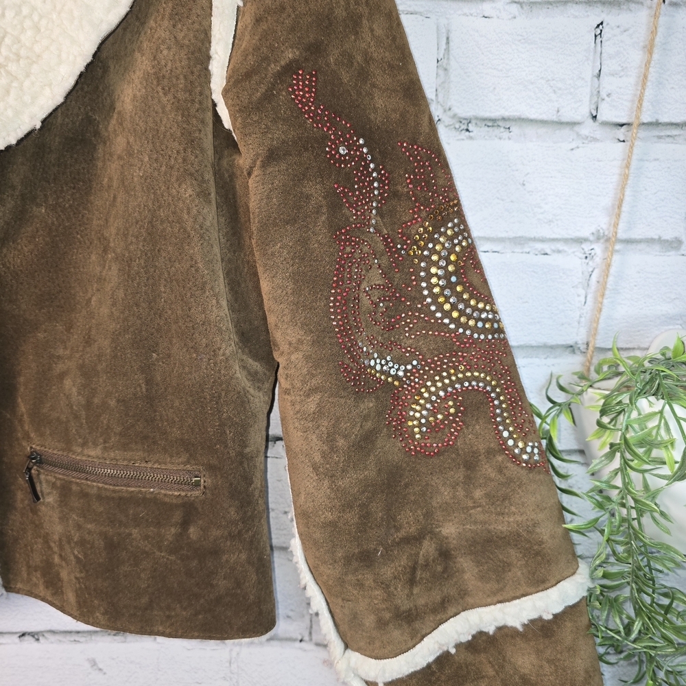 VINTAGE PENNY LANE LIKE LOVE SUEDE JACKET EMBROIDERED SHERPA LINED WOMENS L - Picture 4 of 8